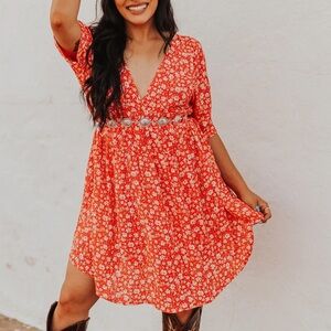 NEW red floral v neck bow back Flowy boho dress